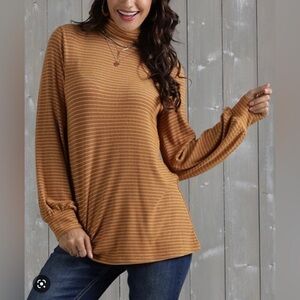 SUZANNE Betro Weekend Ginger White Ribbed Balloon Sleeve Mock Neck Tunic Medium